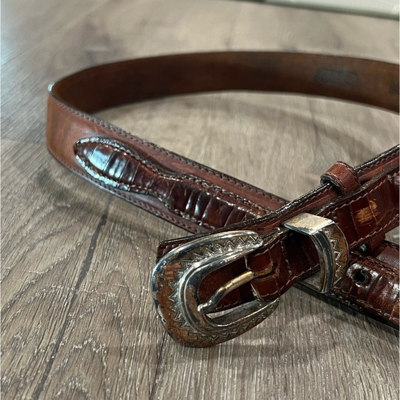 Vintage Brighton Hand Made USA Leather Patina Silver Buckle Clasp Ornate